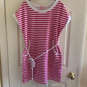 Lilly Pulitzer pink and white striped cotton dress with rope belt and pockets!
